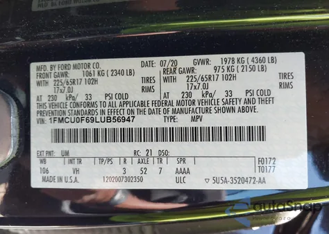 2020 Ford Escape S из США, поврежденный, VIN 1FMCU0F69LUB56947